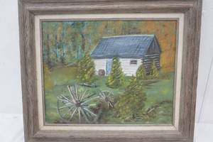 lot 231 image: Signed Oil Painting , Cabin in the woods 25x22