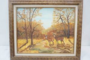 lot 233 image: Signed Oil Painting, Deer near a Creek