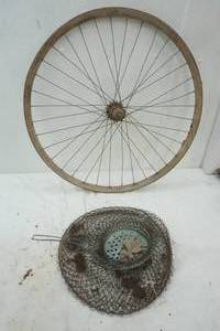 lot 324 image: Vintage Fish net basket and a Wooden Bike Rim