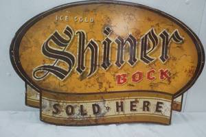 lot 326 image: Vintage Metal Ice Cold Shiner Bock Sign 30x20