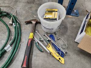 lot 262 image: Lot of (1 Pail) Anchors, Nails, Assorted Hand Tools - Combination Wrenches, Pliers, Cutters, Claw Hammer