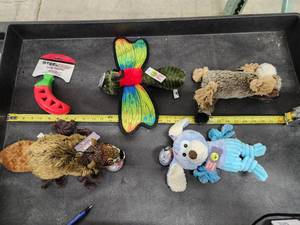 lot 163 image: Lot of (5) Steel Dog Assorted Dog Toys - Butterfly, Sloth, Beaver, Puppy, Chili Pepper Slow Treater