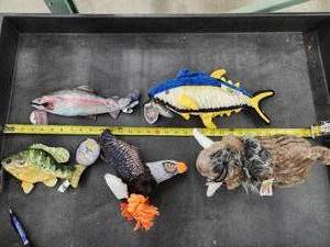 lot 145 image: Lot of (5) Steel Dog Assorted Dog Toys - Rainbow Trout, Tuna, Sunfish, Eagle, Woolly Mammoth