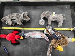 lot 146 image: Lot of (5) Steel Dog Assorted Dog Toys - Donkey, Eagle, Rainbow Trout, Cardinal, Triceratops