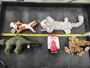 lot 147 image: Lot of (5) Steel Dog Assorted Dog Toys - Dinosaur, Cow, Cat, Critter, Stuffers Spiked Bouncer