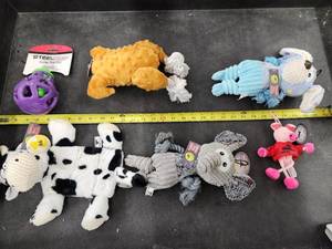 lot 151 image: Lot of (6) Steel Dog Assorted Dog Toys - Cow, Elephant, Pig, Bear, Turkey, Eggplant Slow Treater