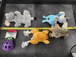 lot 152 image: Lot of (5) Steel Dog Assorted Dog Toys - Sloth, Turkey, Donkey, Puppy, Eggplant Slow Treater