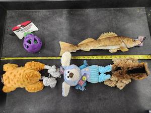 lot 154 image: Lot of (5) Steel Dog Assorted Dog Toys - Turkey, Sloth, Puppy, Walleye, Eggplant Slow Treater