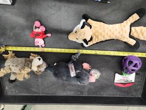 lot 155 image: Lot of (5) Steel Dog Assorted Dog Toys - Fox, Pig, Sloth, Mole, Eggplant Slow Treater