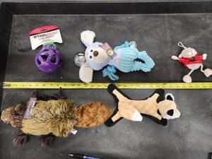 lot 156 image: Lot of (5) Steel Dog Assorted Dog Toys - Fox, Beaver, Puppy, Pig, Eggplant Slow Treater