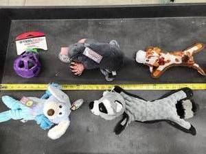 lot 159 image: Lot of (5) Steel Dog Assorted Dog Toys - Puppy, Raccoon, Mole, Cow, Eggplant Slow Treater