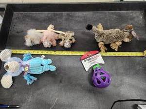 lot 160 image: Lot of (6) Steel Dog Assorted Dog Toys - Sloth, Puppy, Critters, Eggplant Slow Treater