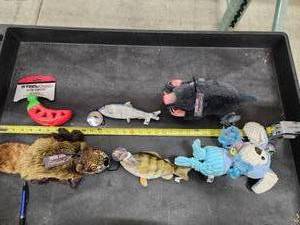 lot 161 image: Lot of (6) Steel Dog Assorted Dog Toys - Beaver, Mole, Puppy, Sunfish, Sardine, Chili Pepper Slow Treater