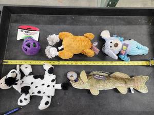 lot 122 image: Lot of (5) Steel Dog Assorted Dog Toys - Cow, Turkey, Puppy, Walleye, Eggplant Slow Treater