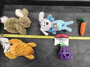 lot 123 image: Lot of (5) Steel Dog Assorted Dog Toys - Bunny, Turkey, Puppy, Carrot, Eggplant Slow Treater