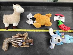 lot 126 image: Lot of (5) Steel Dog Assorted Dog Toys - Llama, Turkey, Squirrel, Puppy, Chili Pepper Slow Treater