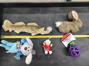 lot 128 image: Lot of (5) Steel Dog Assorted Dog Toys - Walleye, Bunny, Cow, Puppy, Eggplant Slow Treater