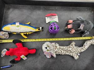 lot 131 image: Lot of (5) Steel Dog Assorted Dog Toys - Cat, Mole, Cardinal, Fish, Eggplant Slow Treater