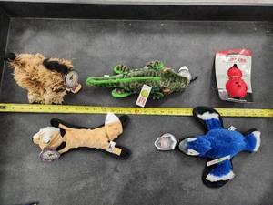 lot 133 image: Lot of (5) Steel Dog Assorted Dog Toys - Fox, Gator, Blue Jay, Critter, Stuffers Spiked Bouncer