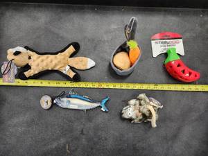lot 134 image: Lot of (5) Steel Dog Assorted Dog Toys - Fox, Tuna, Critter, Carrot and Potatoes, Chili Pepper Slow Treater