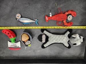 lot 135 image: Lot of (5) Steel Dog Assorted Dog Toys - Fox, Tuna, Carrot and Potatoes, Lobster, Chili Pepper Slow Treater