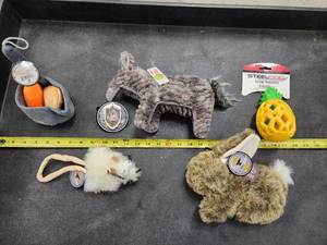 lot 137 image: Lot of (5) Steel Dog Assorted Dog Toys - Bunny, Critter, Donkey, Carrot and Potatoes, Pineapple Slow Treater
