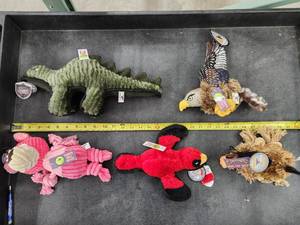 lot 140 image: Lot of (5) Steel Dog Assorted Dog Toys - Dinosaur, Hawk, Cardinal, Bear, Critter