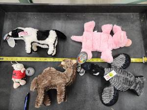 lot 142 image: Lot of (5) Steel Dog Assorted Dog Toys - Cow, Camel, Goode, Lamb, Bear