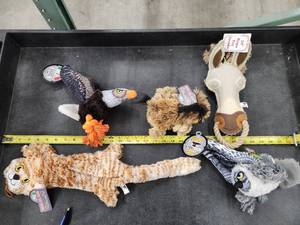 lot 143 image: Lot of (5) Steel Dog Assorted Dog Toys - Eagle, Horse, Cat, Owl, Critter
