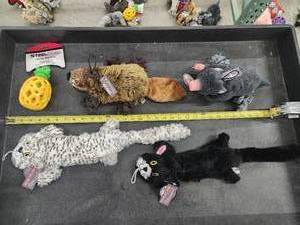 lot 97 image: Lot of (5) Steel Dog Assorted Dog Toys - Cats, Mole, Beaver, Pineapple Slow Treater