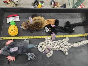 lot 99 image: Lot of (5) Steel Dog Assorted Dog Toys - Mole, Cats, Beaver, Pineapple Slow Treater