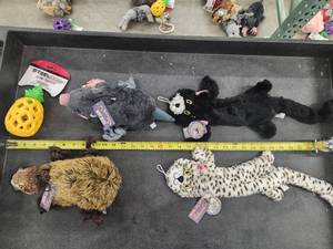 lot 100 image: Lot of (5) Steel Dog Assorted Dog Toys - Cats, Mole, Beaver, Pineapple Slow Treater