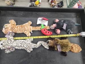 lot 101 image: Lot of (5) Steel Dog Assorted Dog Toys - Cats, Mole, Beaver, Chili Pepper Slow Treater