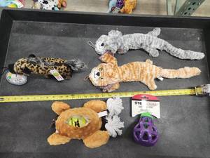 lot 107 image: Lot of (5) Steel Dog Assorted Dog Toys - Hyena, Cats, Turkey, Eggplant Slow Treater