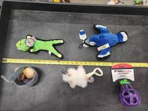 lot 111 image: Lot of (5) Steel Dog Assorted Dog Toys - Blue Jay, Gator, Potato & Carrots, Critter, Eggplant Slow Treater