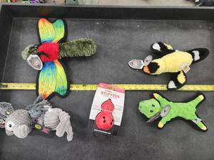 lot 116 image: Lot of (5) Steel Dog Assorted Dog Toys - Butterfly, Gator, Finch, Elephant, Stuffers Spiked Bouncer
