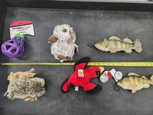 lot 117 image: Lot of (5) Steel Dog Assorted Dog Toys - Owl, Yellow Perch, Cardinal, Sloth, Eggplant Slow Treater