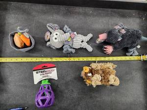 lot 119 image: Lot of (5) Steel Dog Assorted Dog Toys - Mole, Elephant, Potato & Carrots, Sloth, Eggplant Slow Treater