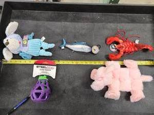 lot 120 image: Lot of (5) Steel Dog Assorted Dog Toys - Tuna, Lobster, Puppy, Bear, Eggplant Slow Treater