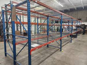 lot 2 image: Pallet Racking - 8 Uprights (x6), 8 Cross Beams (x28), 42x46 Wire Grates (x28)