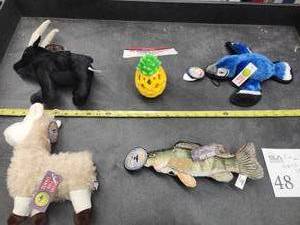 lot 48 image: Lot of (5) Steel Dog Assorted Dog Toys - Walleye, Llama, Goat, Blue Jay, Pineapple Slow-Treater