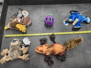 lot 50 image: Lot of (5) Steel Dog Assorted Dog Toys - Squirrel, Sloth, Blue Jay, Hawk, Eggplant Slow-Treater