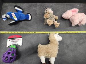lot 51 image: Lot of (5) Steel Dog Assorted Dog Toys - Bunny, Llama, Blue Jay, Sloth, Eggplant Slow-Treater