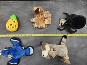 lot 52 image: Lot of (5) Steel Dog Assorted Dog Toys - Squirrel, Spider, Blue Jay, Sloth, Pineapple Slow-Treater