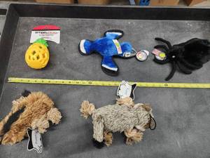 lot 53 image: Lot of (5) Steel Dog Assorted Dog Toys - Squirrel, Spider, Blue Jay, Sloth, Pineapple Slow-Treater