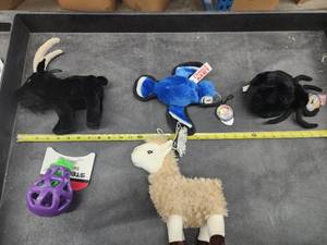 lot 54 image: Lot of (5) Steel Dog Assorted Dog Toys - Goat, Llama, Spider, Blue Jay, Eggplant Slow-Treater