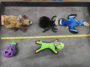 lot 55 image: Lot of (5) Steel Dog Assorted Dog Toys - Beaver, Gator, Spider, Blue Jay, Eggplant Slow-Treater
