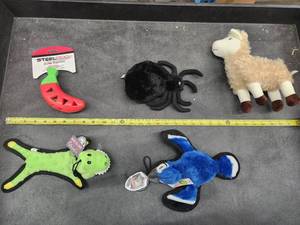 lot 56 image: Lot of (5) Steel Dog Assorted Dog Toys - Llama, Gator, Spider, Blue Jay, Chili Pepper Slow-Treater