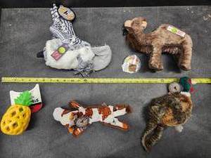 lot 61 image: Lot of (5) Steel Dog Assorted Dog Toys - Owl, Camel, Cow, Quail, Pineapple Slow Treater