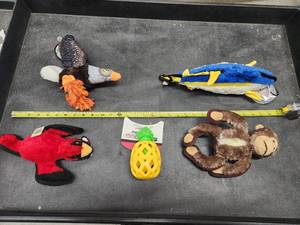 lot 63 image: Lot of (5) Steel Dog Assorted Dog Toys - Eagle, Cardinal, Monkey, Whale, Pineapple Slow Treater